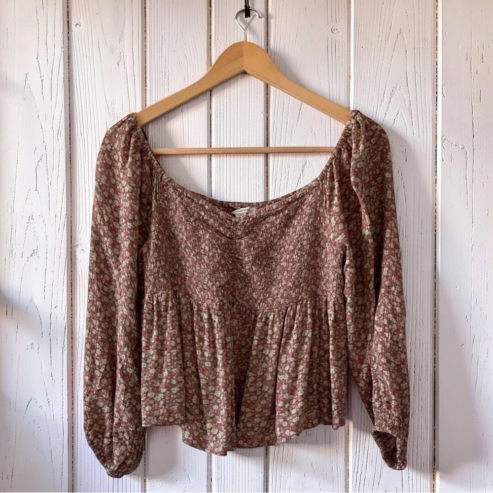 American Eagle Floral Smocked Balloon Sleeve Crop Top #cottagecore Size L